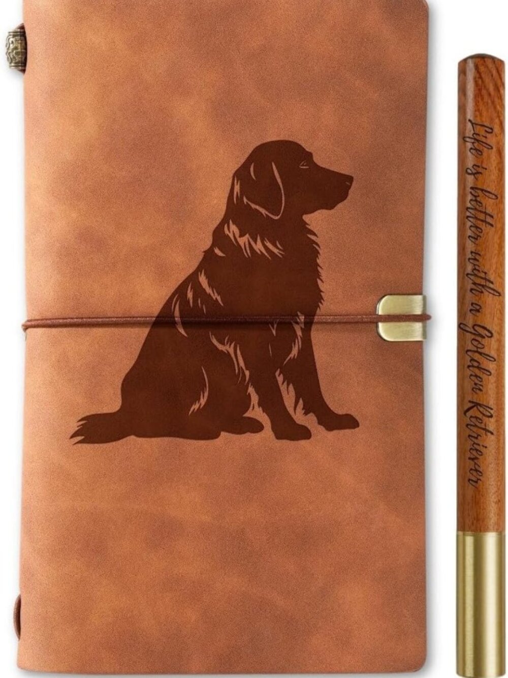 Golden Retriever Gifts for Women - Vegan Leather Journal & Pen, Refillable